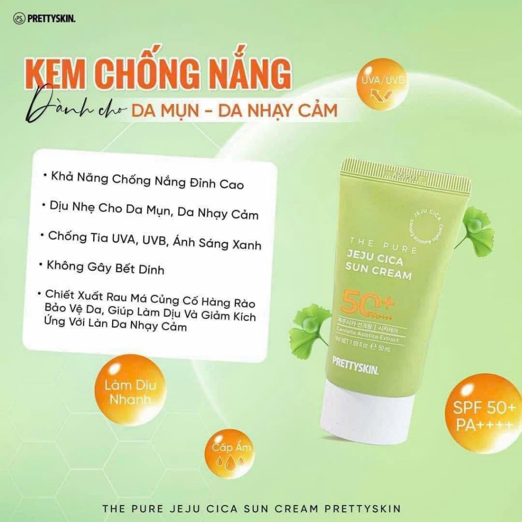KEM CHONG NANG RAU MA PRETY SKIN HAN QUOC THE PURE JEJU CICA SUN CREAM 50ML DANH CHO DA MUN- NHAY CAM