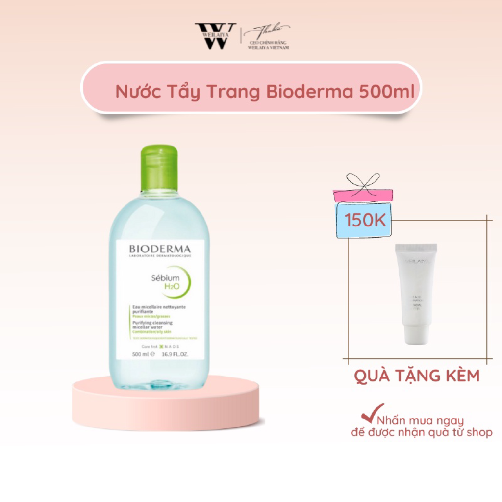 NUOC TAY TRANG BIODERMA CREALINE H2O NAP NHAN NAP NHAN XANH DANH CHO DA DAU- MUN 500ML