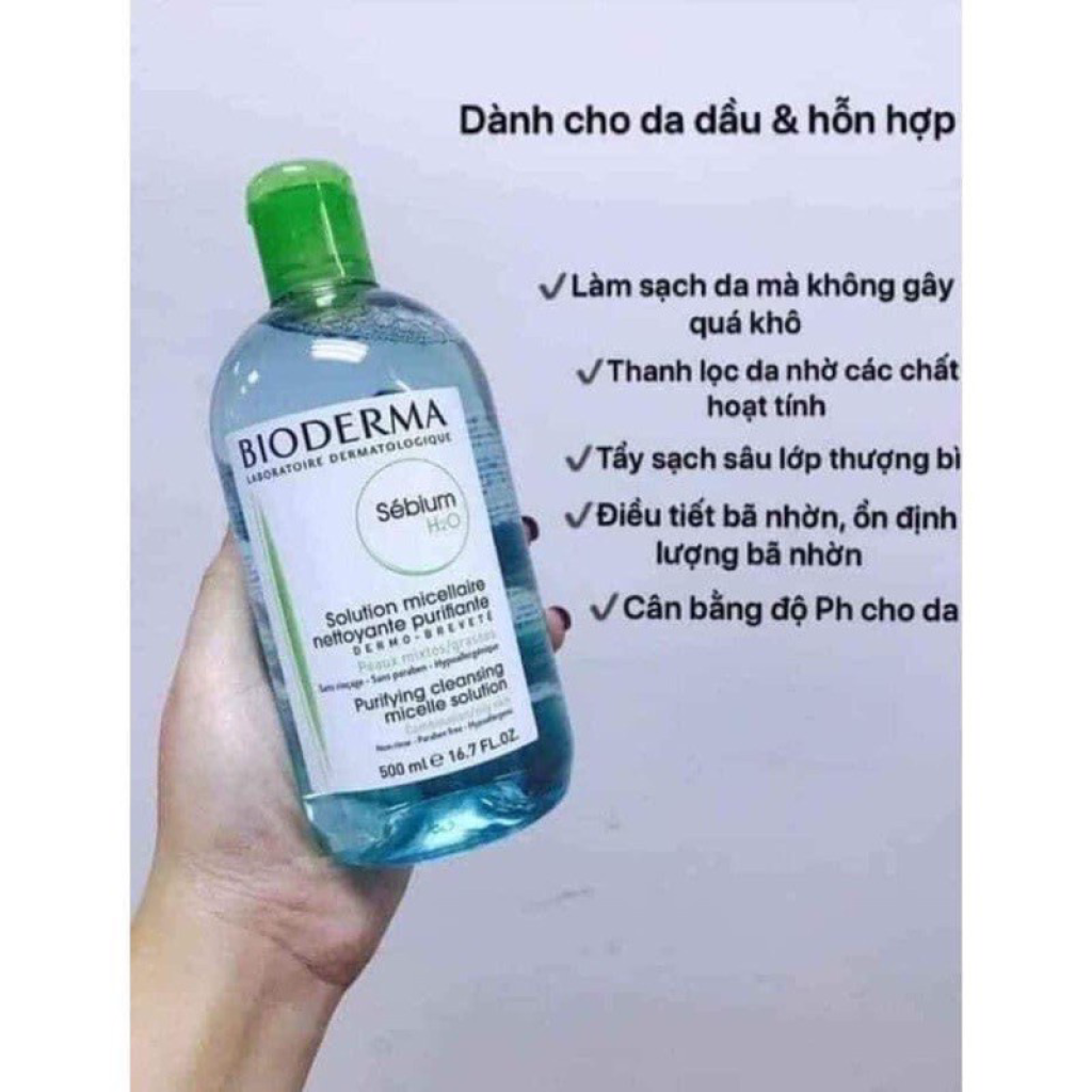 NUOC TAY TRANG BIODERMA CREALINE H2O NAP NHAN NAP NHAN XANH DANH CHO DA DAU- MUN 500ML