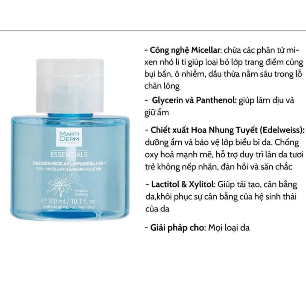 NUOC TAY TRANG TOAN NANG MARTIDERM ESSENTIALS MICELLAR CLEANSING SOLUTION 3 IN 1