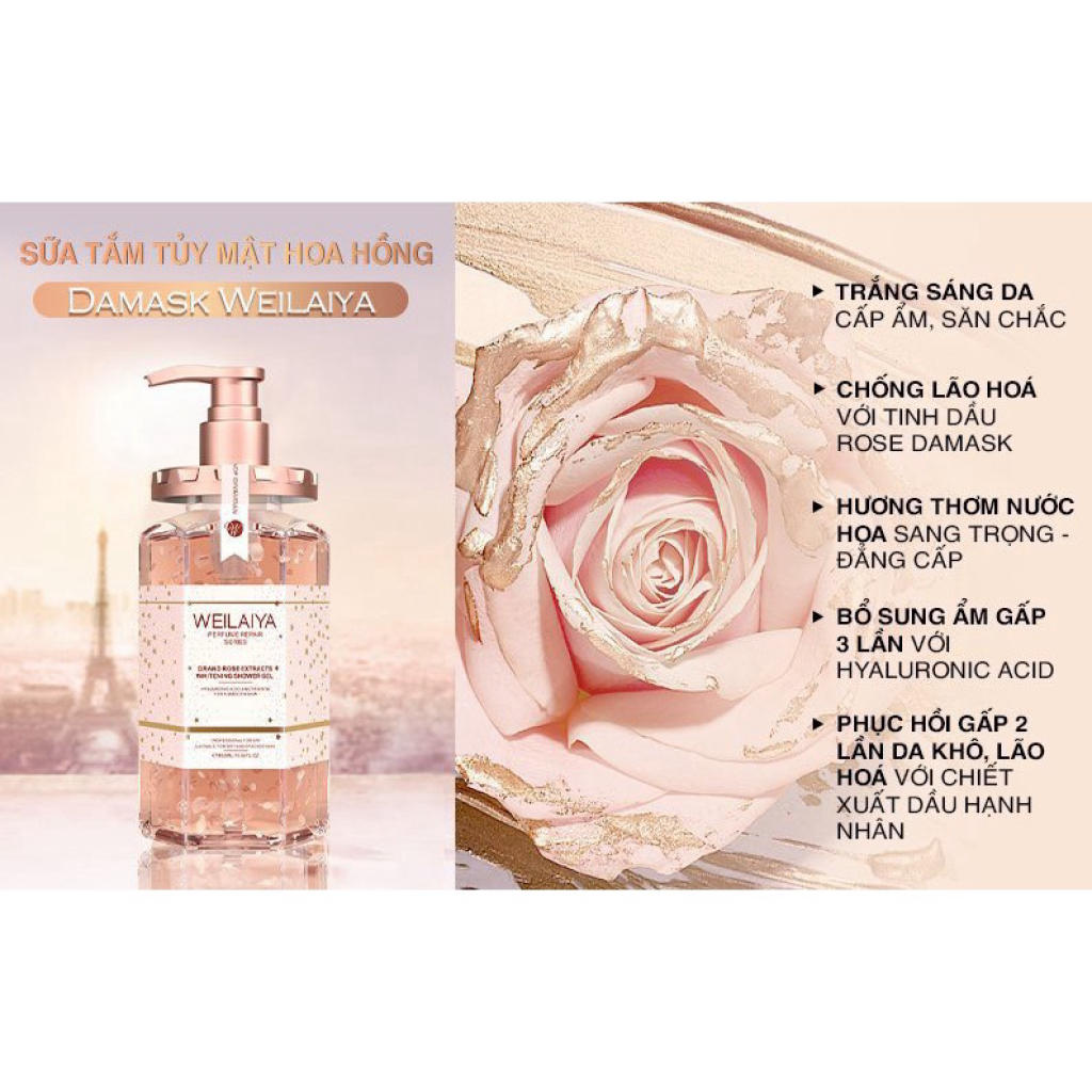 Sữa Tắm Trắng Da Tủy Mật Hoa Hồng Damask Weilaiya Hàng Chính Hãng_Grand Rose Extracts Whitening Shower Gel 450ml