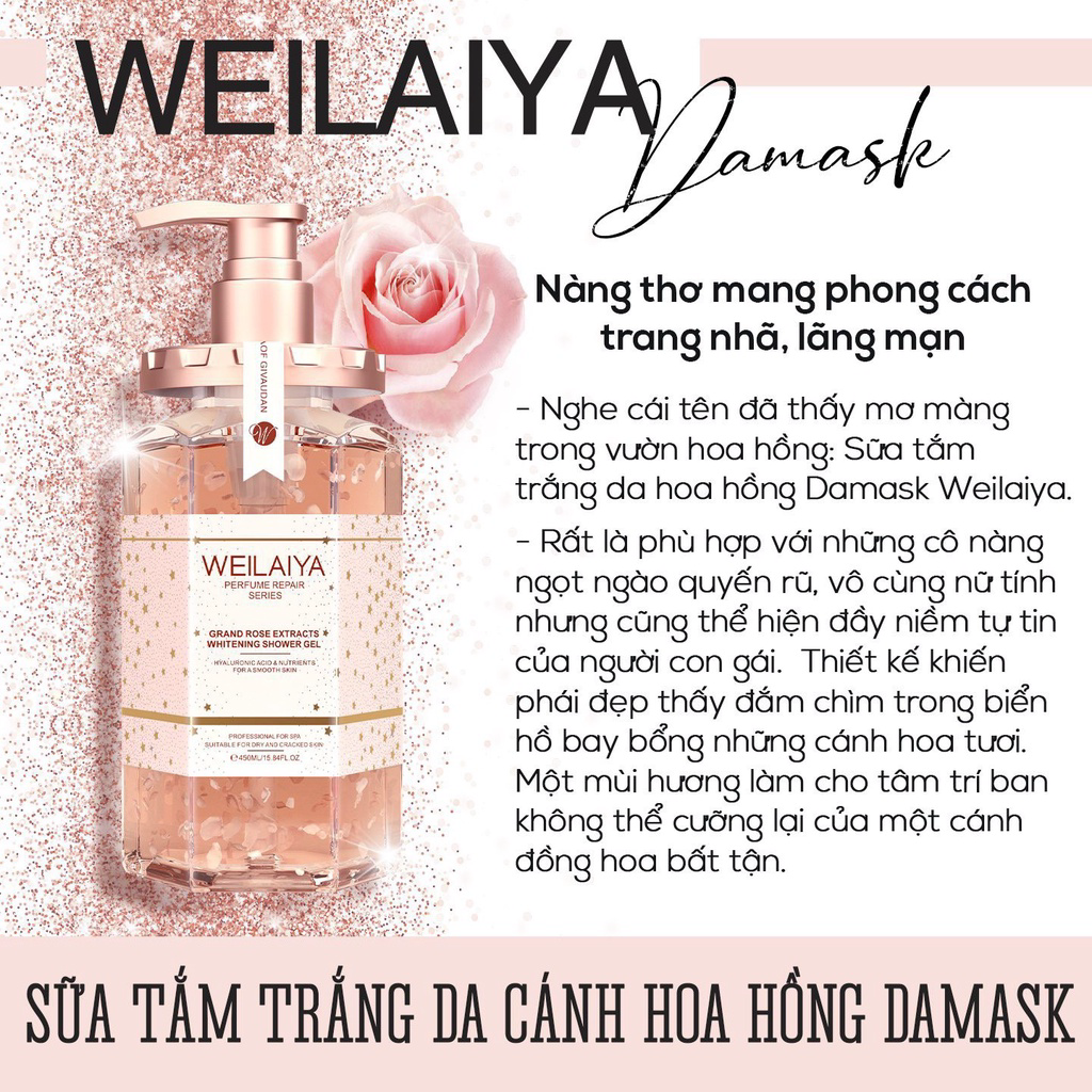 Sữa Tắm Trắng Da Tủy Mật Hoa Hồng Damask Weilaiya Hàng Chính Hãng_Grand Rose Extracts Whitening Shower Gel 450ml
