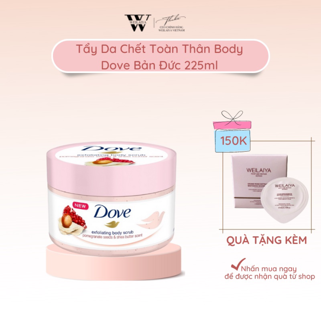 Tẩy Da Chết, Tế Bào Chết Dove Exfoliating Body Giúp Dưỡng Da Trắng Mịn Màng Macca & Lựu 225ml - Bản Đức