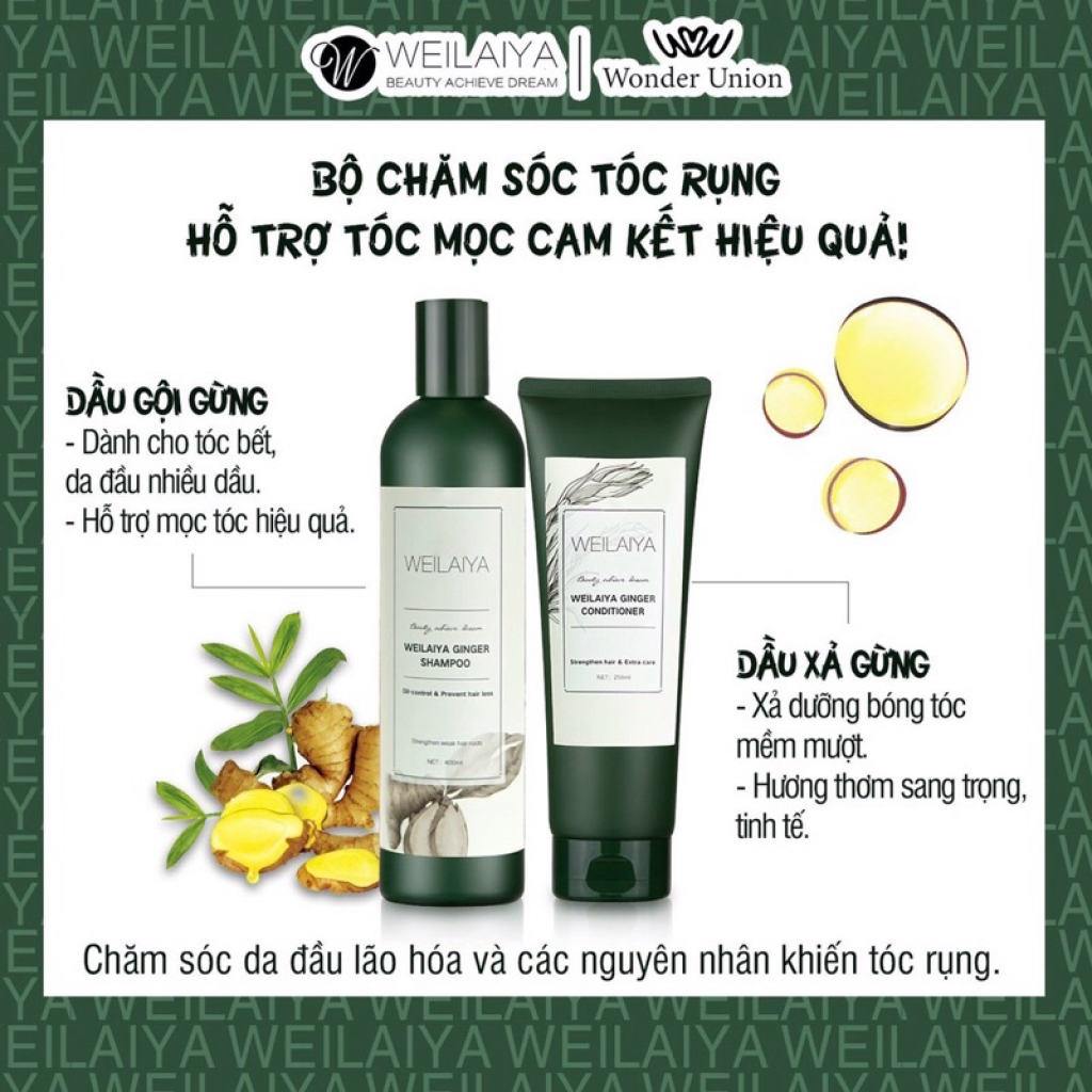 TEST MINI Dầu Gội Gừng, Gừng Hà Thủ Ô Weilaiya Giảm Rụng Tóc, Kích Mọc Tóc Nhanh Hợp Mọi Da Đầu ( gội 20ml + xả 20ml)