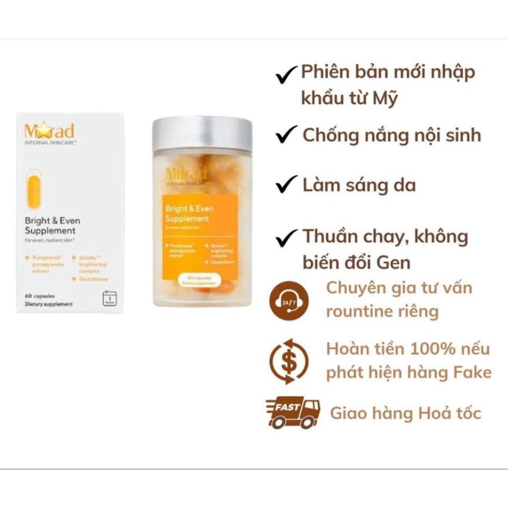 Viên Uống Chống Nắng Murad Sáng Da Và Chống Oxy Hoá Bright & Even Supplement - hộp 60 viên